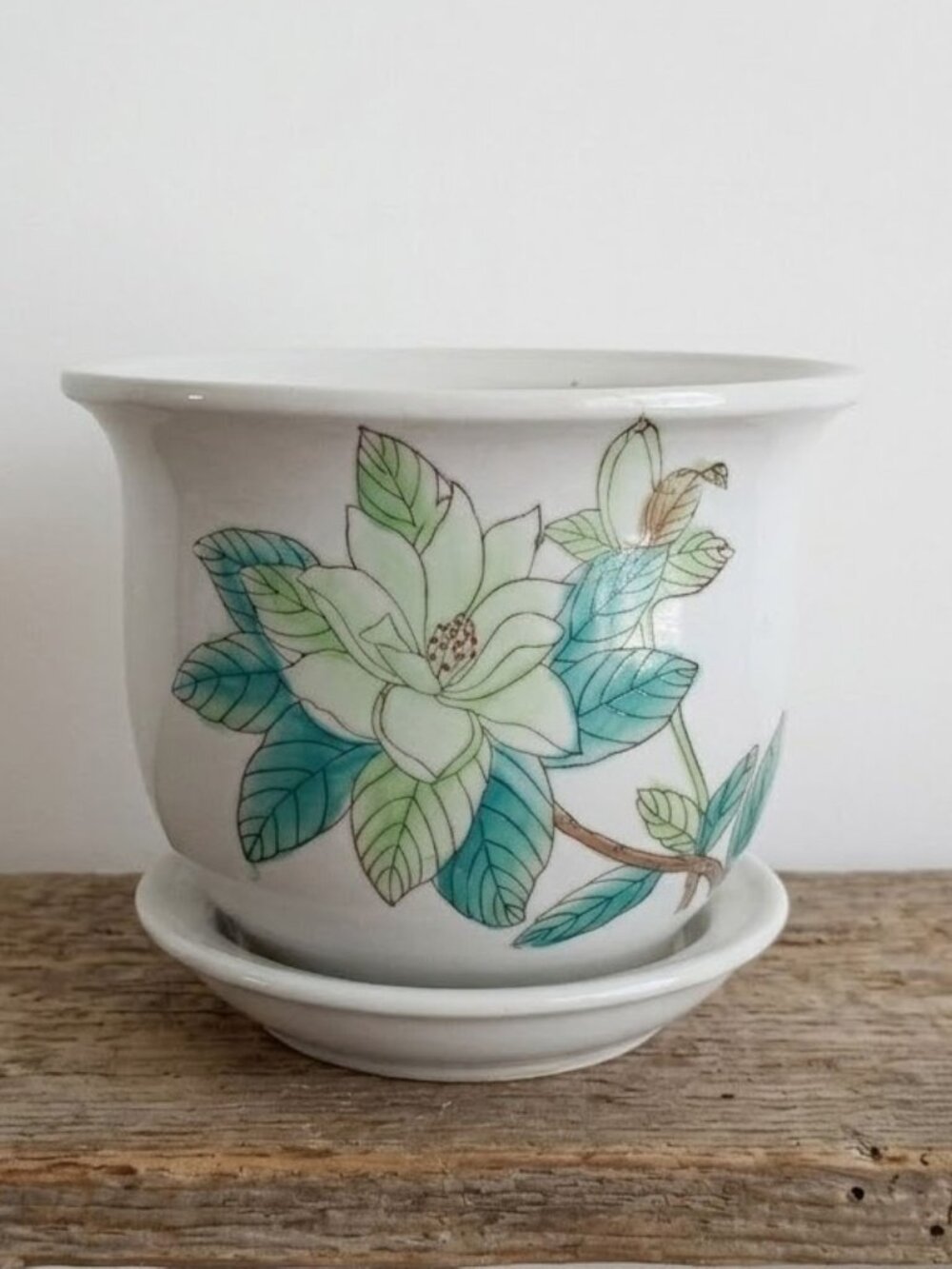 Vintage Ceramic Magnolia Planter Flower Pot with Saucer Botanical Green Floral